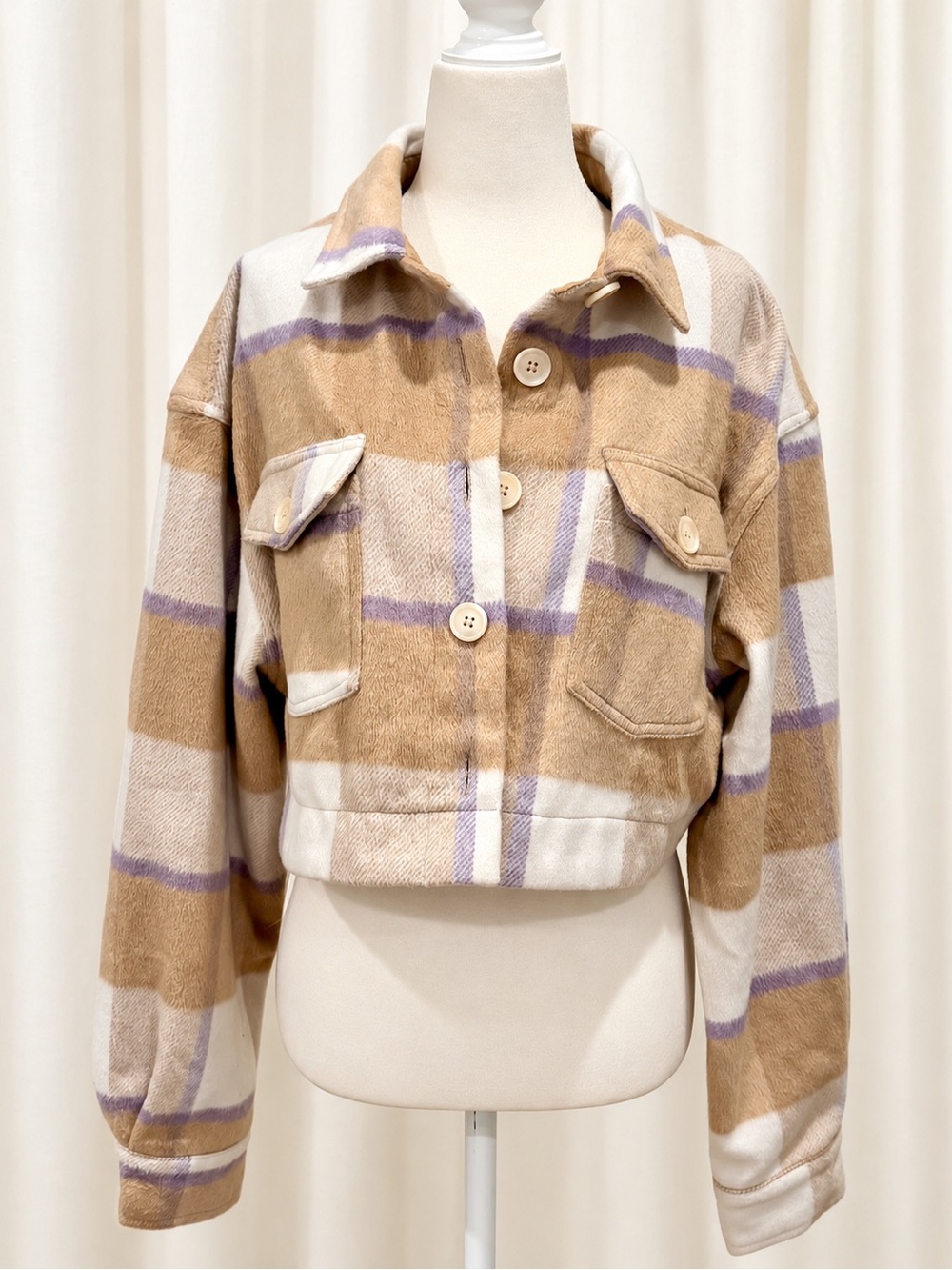 MARBLE Cropped Teddy Shacket in Beige with Lavender Stripes